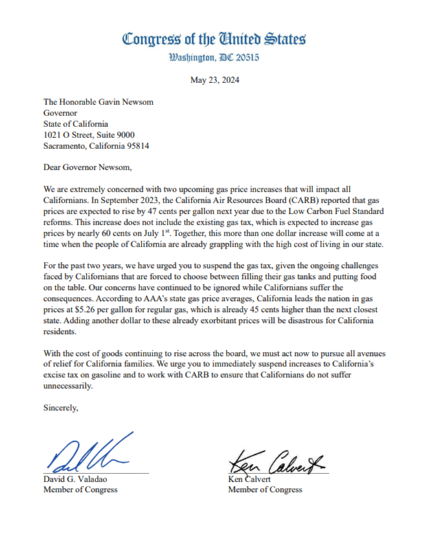 Rep. Valadao sends letter to Newsom calling for suspension of gas tax increase