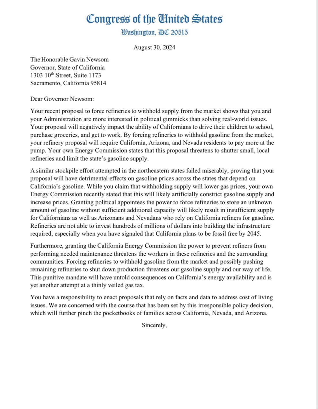 Letter to Gov Newsom Supply Mandate